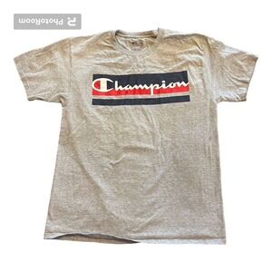 Vintage Champion Men's Large Classic Spellout Scripted Graphic Logo T-Shirt Gray